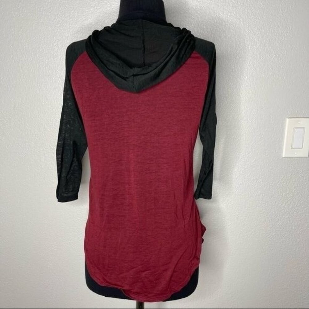 Disney Mickey Mouse Burgundy & Black Burn Out Hoodie Top 3/4THS Sleeves Size S - Picture 2 of 8